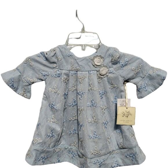 LAURA Ashley London Dress 18M Blue Bell Sleeve Mesh Overlay Floral